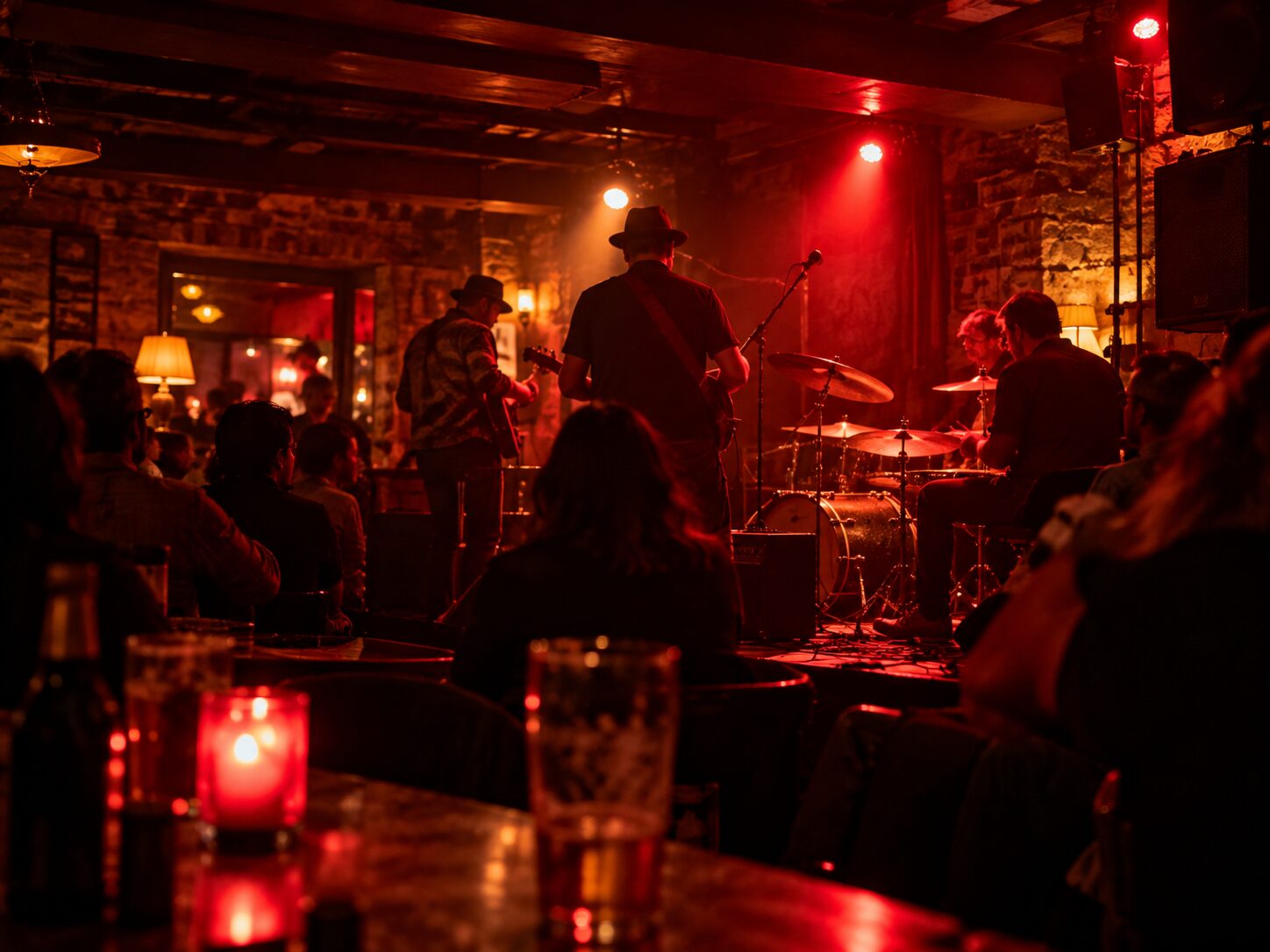 Petite scène de bar dans une lumière rouge et ambrée